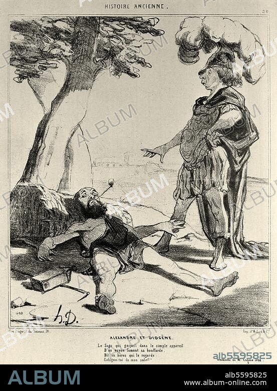 Diogène de Sinope ; philosophe grec ; 412-323 av. J.-C. " Alexandre et Diogène. (...) Espigne-toi de mon soleil!". Lithographie d'Honoré Daumier (1808-1879). De la série : " Histoire ancienne". In : Le Charivari, 14.8.1842.