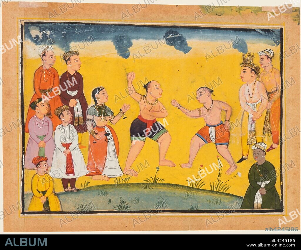 A page from the Mahabharata: Bhima fighting with Jayadratha, c. 1615. India, Popular Mughal School, probably done at Bikaner. Color on paper; page: 14.6 x 19.4 cm (5 3/4 x 7 5/8 in.); miniature: 11.2 x 16.5 cm (4 7/16 x 6 1/2 in.).