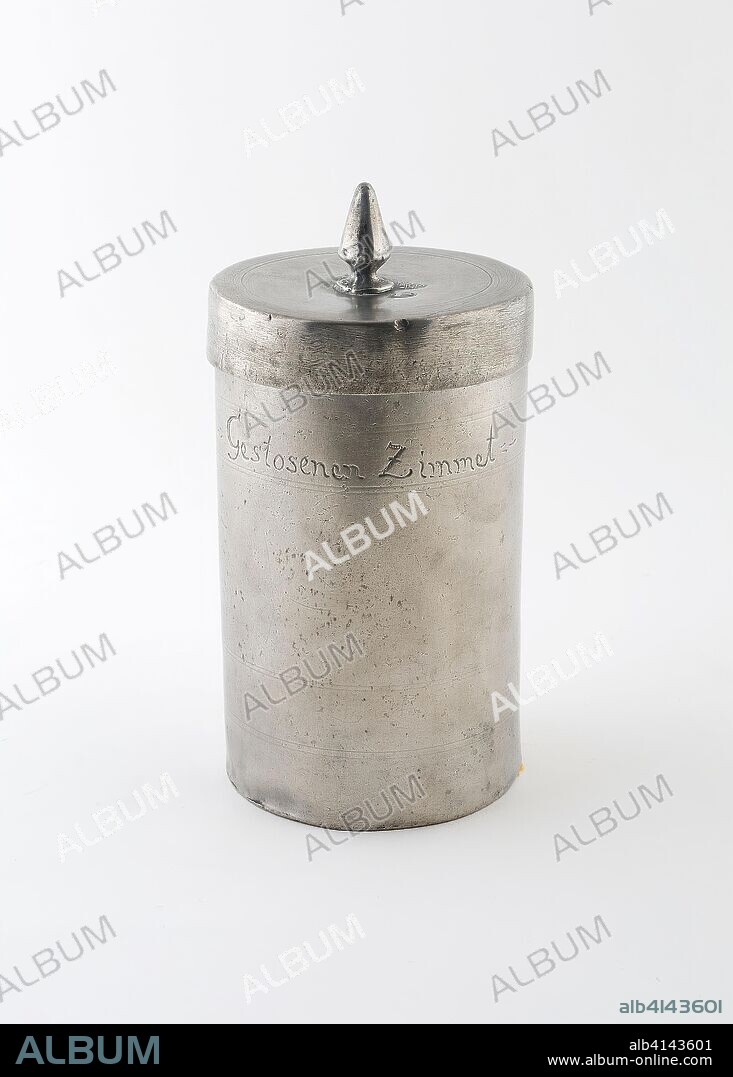 MARTIN BOOCKMANN. Canister for Cinnamon. Martin Boeckmann; German, active 18th century; Tübingen, Germany. Date: 1769-1779. Dimensions: 19.1 x 9.5 cm (7 1/2 x 3 3/4 in.). Pewter. Origin: Tübingen.
