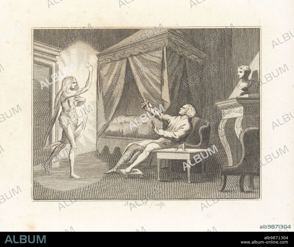 The Universal Apparition. A rake sitting in an armchair is shocked by the appearance of a spectre of a naked woman bathed in light and pointing upwards in a bedroom. Copperplate engraving by Philip Audinet after an illustration by William Kent from Fables by John Gay, with a Life of the Author, John Stockdale, London, 1793.