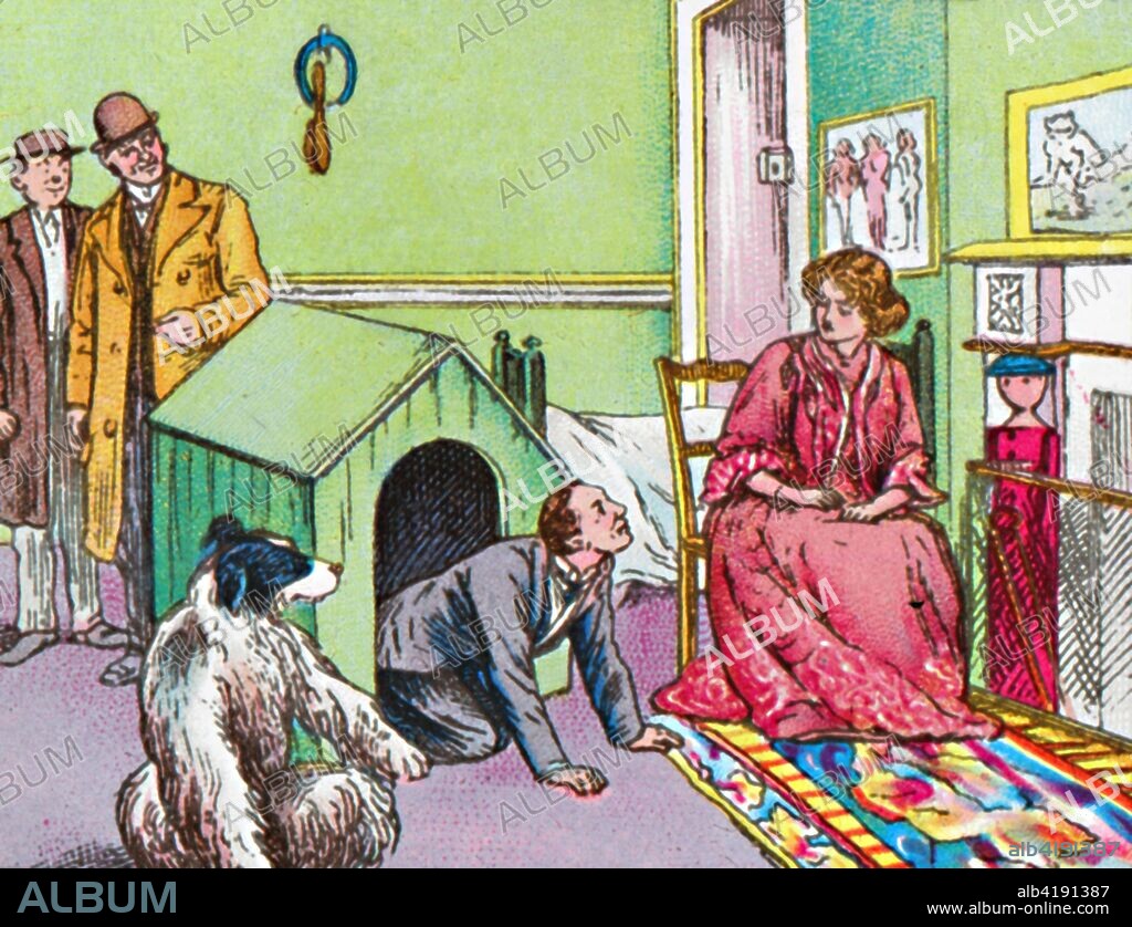 'Mr Darling in the kennel', c1905. Transfer-printed glass slide from a boxed set of twenty-four, depicting scenes from Peter Pan by JM Barrie (1860-1937). From Coloured Lantern Slides - The Story of Peter Pan. [W. Butcher & Sons, London].