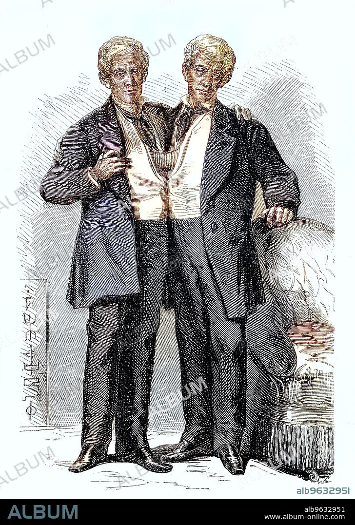 Chang and Eng Bunker, May 11, 1811 - January 17, 1874, were conjoined twins who gave their name to this malformation, Historical, digitally restored reproduction of an original artwork from the 19th century, exact original date unknown.