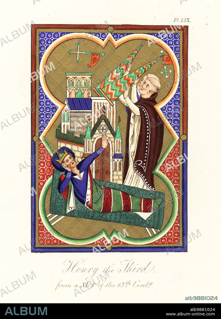 King Henry III of England in bed dreaming of friars Dominic and Francis supporting the collapsing Basilica of Saint John Lateran in Rome. (British Library identifies the sleeping figure as Pope Innocent III.) From a Psalter Hours with calendar in Latin, Harley MS 2356, f.8v. Handcoloured engraving by Joseph Strutt from his Complete View of the Dress and Habits of the People of England, Henry Bohn, London, 1842.