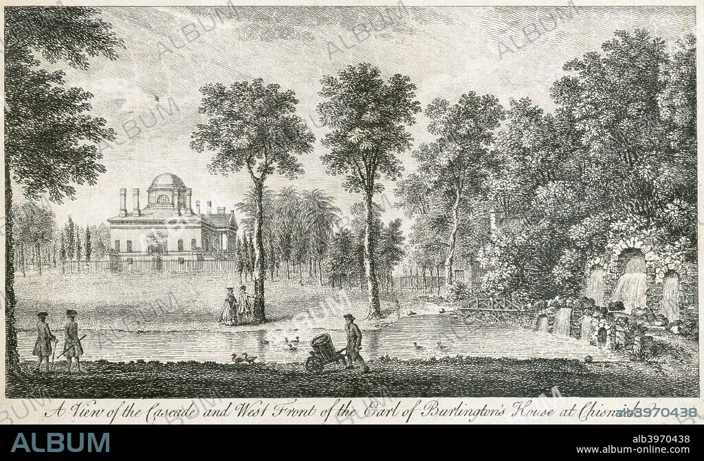 Chiswick House, Hounslow, London, 1750. 'A View of the Cascade and West Front of the Earl of Burlington's House at Chiswick'. The Serpentine River, terminating in the cascade, was created by landscaping and canalising the Bollo Brook. From the Mayson Beeton Collection.