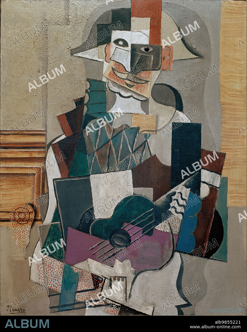 Pablo Picasso/ Harlequin playing the guitar "Arlequin jouant de la guitare", 1918. Oil on canvas, 98 × 77cm.
