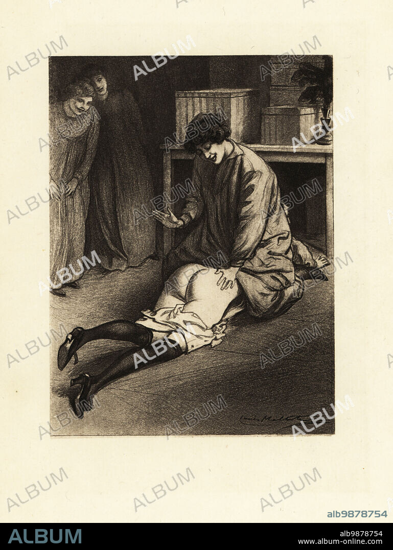 A female teacher sitting on a naughty girl and spanking her exposed buttocks. From a book on discipline in a French girls' boarding school. Two students watch. Photogravure after an illustration by Louis Malteste from Jacques dIcys Qui Aime Bien ou la flagellation dans la vie moderne, Jean Fort, Paris, 1912.
