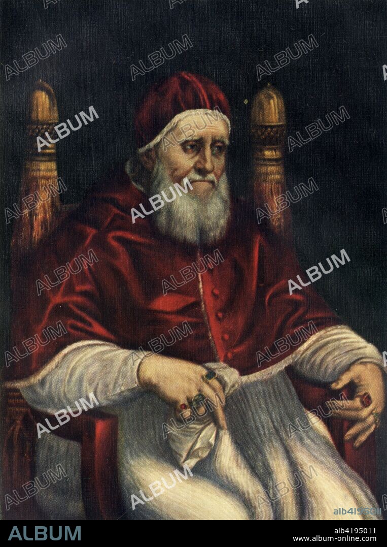 'Pope Julius II', c1512, (c1912). Painting in the Uffizi Gallery, Florence, Italy.  Julius II (1443-1513), was born Giuliano della Rovere and was pope from 1503 to 1513. He was a patron of many Renaissance artists, including Bramante, Raphael, and Michelangelo. Italian High Renaissance painter and architect Raffaello Sanzio da Urbino (1483-1520), known as Raphael, left a large body of work despite his death at 37. He spent time in Florence, as well as twelve years in Rome working for two Popes. He made frescoes and oil paintings on religious and mythological subjects as well as portraits, and also produced plans for St Peter?s Basilica in Rome. He is regarded as one of the most important artists of his time, with his work being held in museums and galleries around the world. Illustration from Raphael - Masterpieces in Colour, by Paul G Konody. [TC & EC Jack, Frederick A Stokes Co, London & New York, c1912].