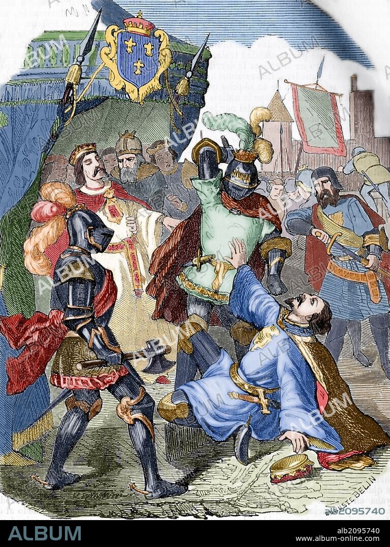Charles the Bold (1433-1477). Assassination of the Duke of Burgundy on the bridge of Montereau. Engraving by Auguste Belin. Colored.