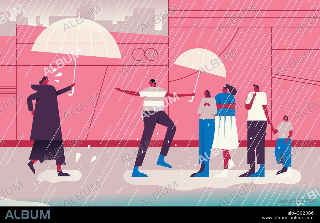Man and woman bringing umbrellas to people out in the rain.
