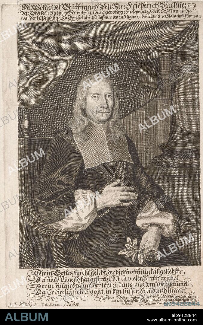Portrait of Friedrich I Buchner, Johann Alexander Böner, after Andreas Paul Multz, 1673, print maker: Johann Alexander Böner, (mentioned on object), after: Andreas Paul Multz, (mentioned on object), Johann Leonhard Beil (II), (mentioned on object), Neurenberg, 1673, paper, etching, engraving, h 267 mm × w 185 mm.