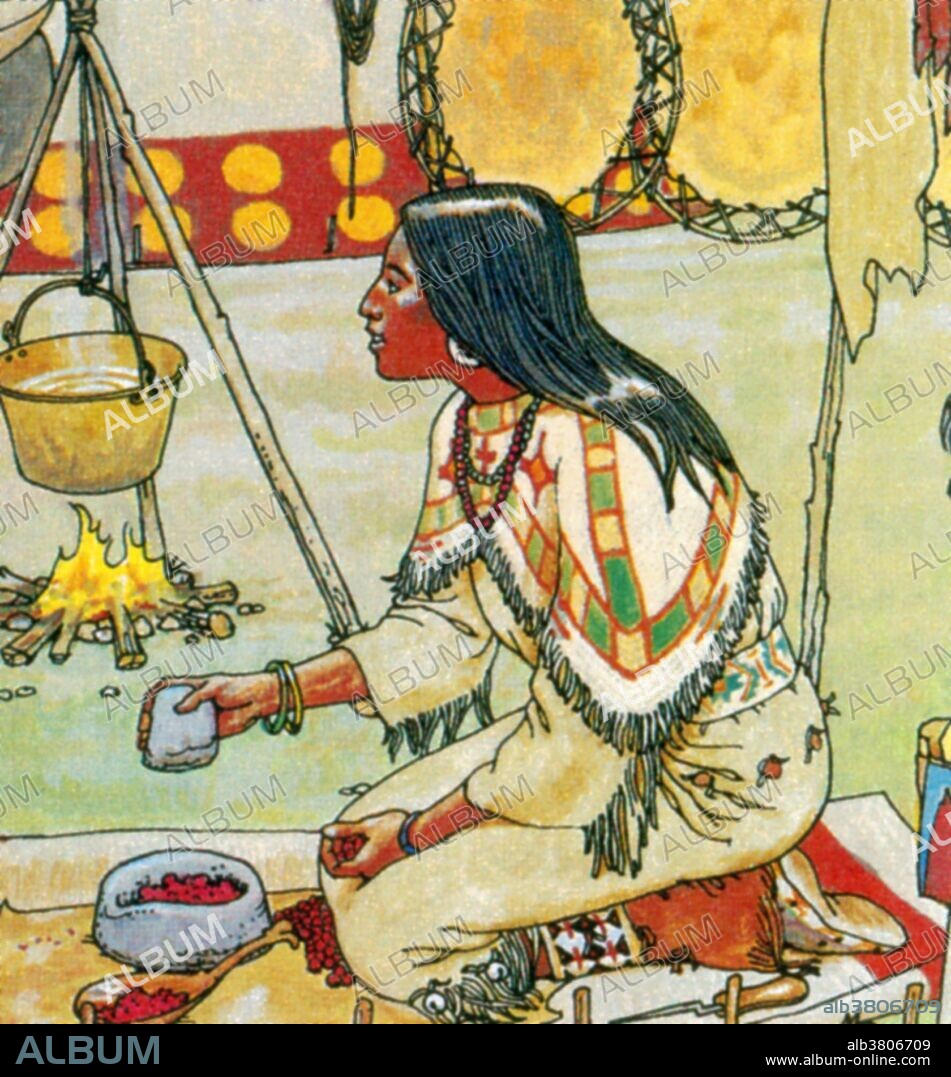 An illustration showing a Native American preparing medicine in the west of America.