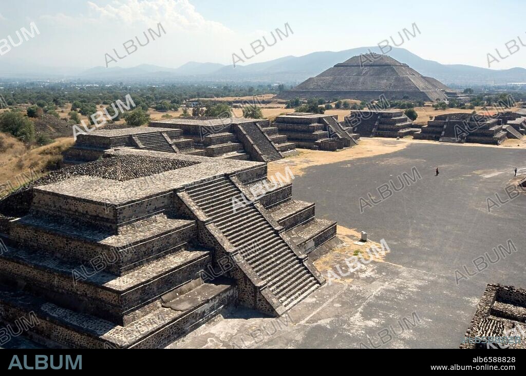 The Pyramid of the Sun, the worlds third largest pyramid, seen from the Place of the Moon.||Teotihuacan is archeological site in the basin of Mexico, about 30km northeast of Mexico City, Mexico. Built.