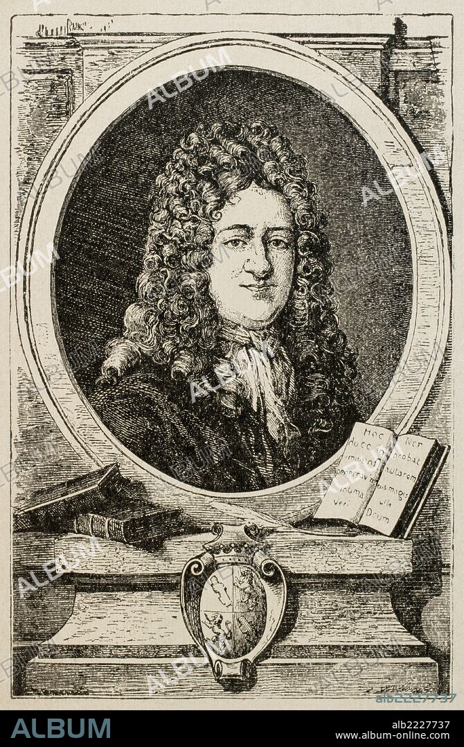 Gottfried Wilhelm Leibniz (1646-1716). German mathematician and philosopher. Engraving in The Universal History, M. Verges, 1917.