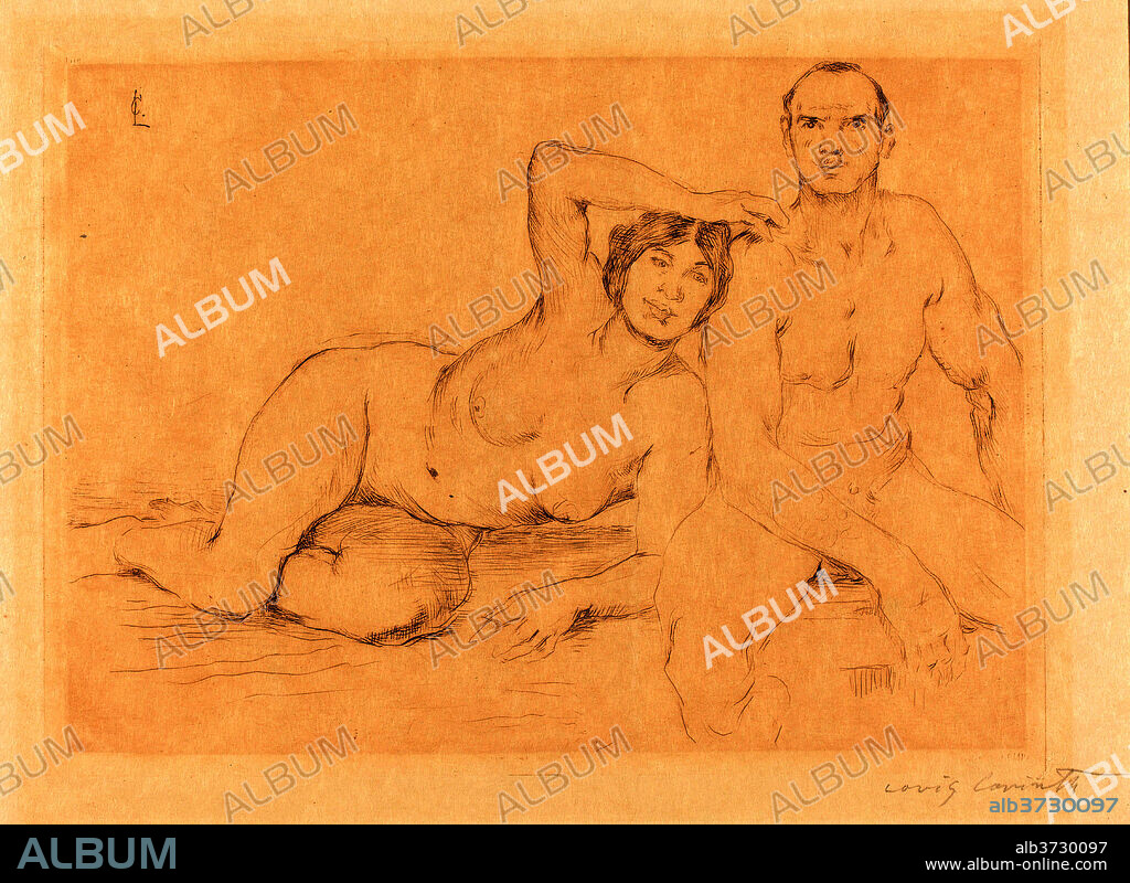 LOVIS CORINTH. Two Nudes (Zwei Menschen). Dated: 1908. Dimensions: plate: 17.4 x 23.8 cm (6 7/8 x 9 3/8 in.)  sheet: 32.7 x 47.9 cm (12 7/8 x 18 7/8 in.). Medium: drypoint in brown on heavy japan paper.