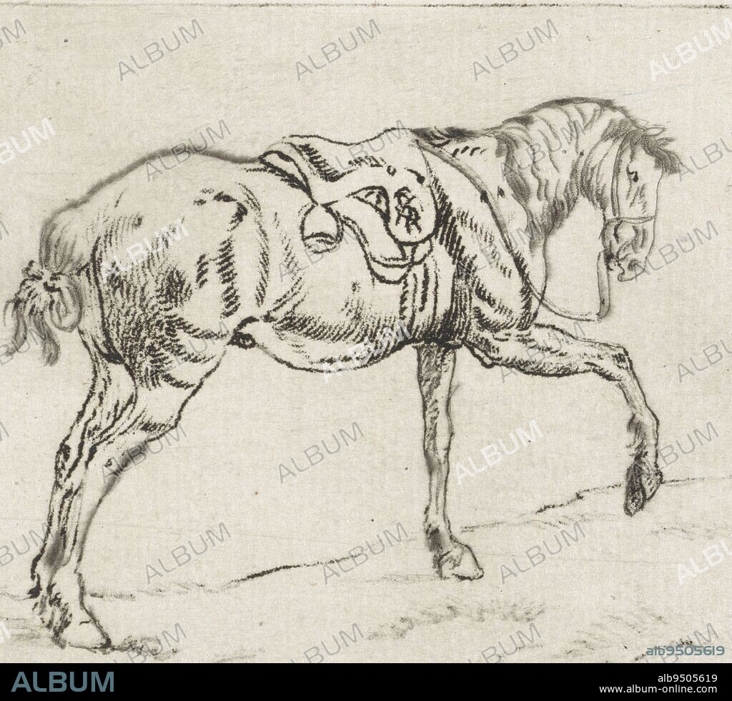 A saddled horse to the right, holding up his right front leg, Saddled horse, print maker: Joannes Pieter Visser Bender, Haarlem, 1795 - 1813, paper, etching, drypoint, h 99 mm × w 138 mm.