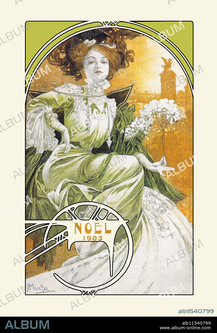 ALPHONSE MUCHA. Alphonse Maria Mucha (1860 - 1939) was a Czech Art Nouveau painter.  However, he did a great many posters and prints.  The period of his work has become known as the Belle Epoque.  Cover art for the Noël 1903 edition of Paris Illustre magazine.