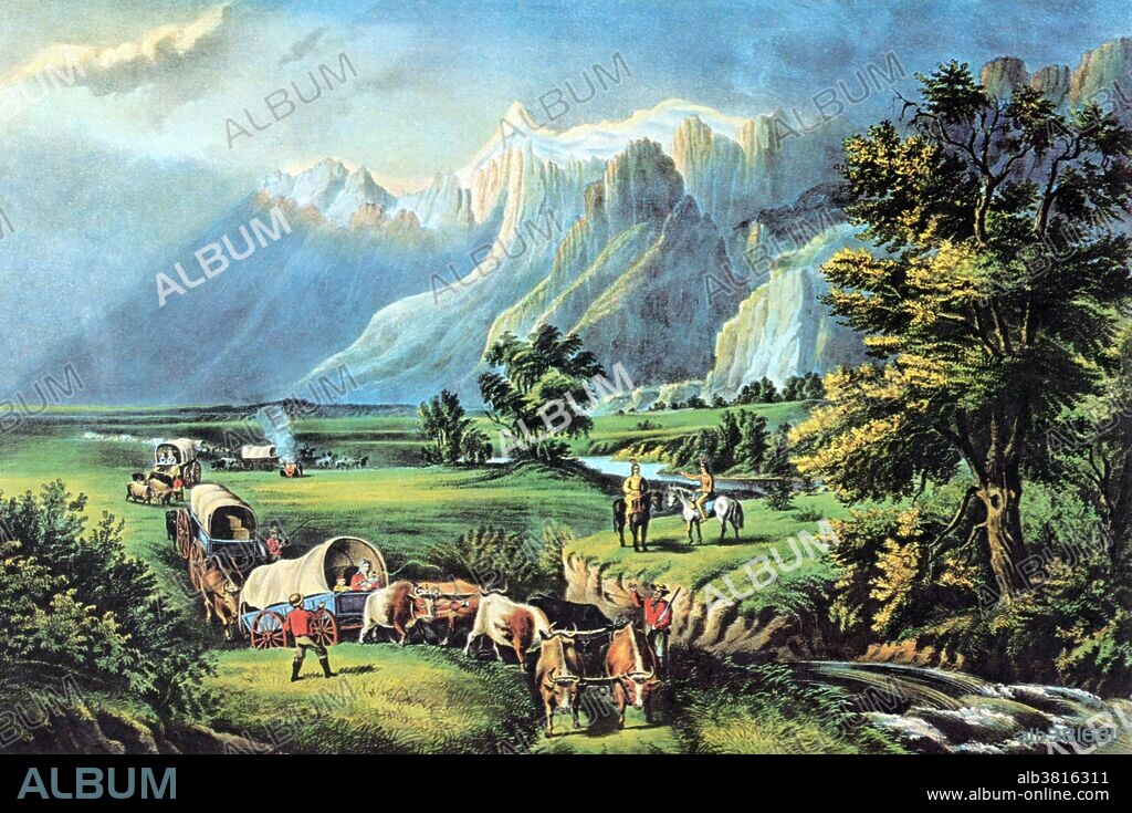 Lithograph entitled: "The Rocky Mountains. Emigrants crossing the Plains." Manifest Destiny was the 19th and 20th century American belief that the United States was destined to expand across the North American continent. The Homestead Act of 1862 encouraged 600,000 families to settle the West by giving them land (usually 160 acres) almost free. They had to live on and improve the land for five years. Helping settlers move westward were the emigrant "guide books" of the 1840s featuring route information supplied by the fur traders and the FrÃ©mont expeditions, and promising fertile farm land beyond the Rockies.