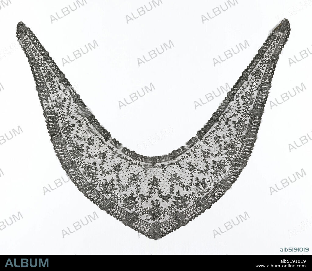 Head scarf, Medium: silk Technique: bobbin lace, Chantilly style, Shaped head scarf in black Chantilly lace showing pattern of garlands of floral sprays. Scarf outlined along edges by border motif of straight lines and repeated floral spray., France, early 19th century, lace, Head scarf.