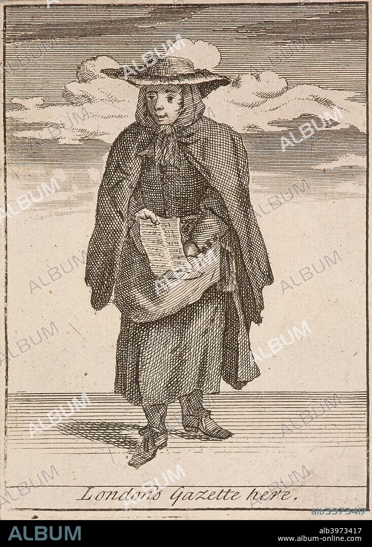 'London's Gazette here', (c1688?). A newspaper seller, carrying a sack and holding out a sheet of newspaper. She is wearing a wide-brimmed hat. From Cries of London, (c1688?).