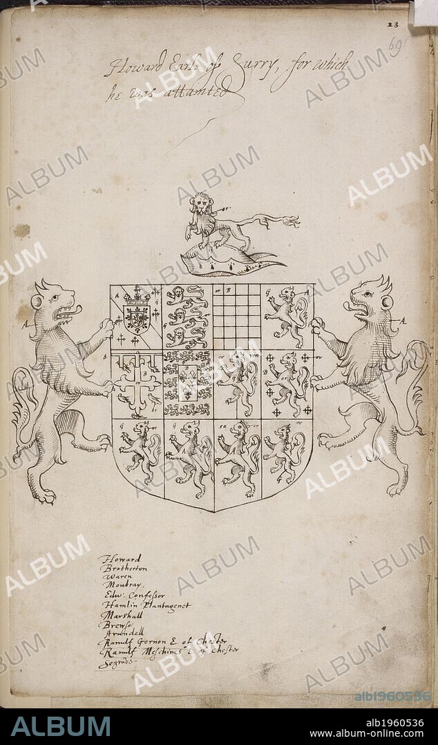 Coat of Arms of Thomas Howard, 4th Duke of Norfolk. Heraldic Tracts. England; late 16th century. {Whole folio] Drawing of the coat of arms of Thomas Howard, 4th Duke of Norfolk, which was passed by Sir William Dethick, Garter King of Arms.  Image taken from Heraldic Tracts.  Originally produced in England; late 16th century. . Source: Harley 1453, f.69. Language: English.