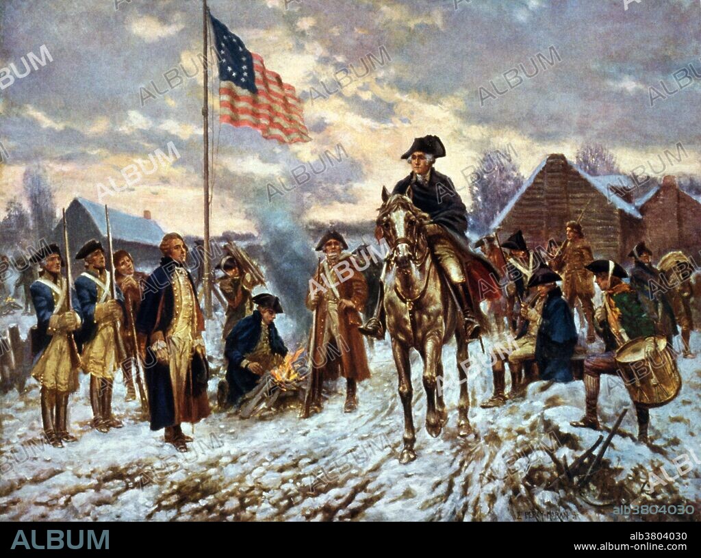 Entitled: "Washington at Valley Forge" showing Washington on horseback in snow at Valley Forge. Valley Forge was the military camp in southeastern Pennsylvania, approximately 20 miles northwest of Philadelphia, where the American Continental Army spent the winter of 1777-78 during the American Revolutionary War. Starvation, disease, malnutrition, and exposure killed over 2,500 American soldiers by the end of February 1778. With winter almost setting in, and with the prospects for campaigning greatly diminishing, General George Washington sought quarters for his men. Washington and his troops had fought what was to be the last major engagement of 1777 at the Battle of White Marsh (or Edge Hill) in early December. He devised to pull his troops from their present encampment in the White Marsh area (now Fort Washington State Park) and move to a more secure location for the coming winter. Camp followers at Valley Forge consisted of the wives, children, mothers, and sisters of the soldiers. These camp followers often served as laundresses, cleaning and mending the uniforms of the soldiers. Reproduction of painting by E. Percy Moran.