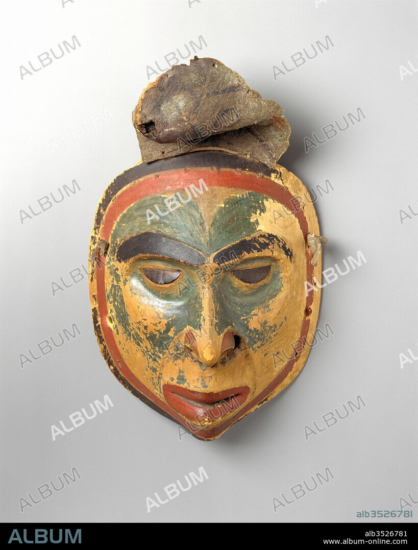 Mask, 1820–40, United States, Alaska, Tlingit, Wood (cedar), paint, metal, leather, H. 10 5/8 x W. 7 3/8 x D. 4 in. (27 x 18.7 x 10.2cm), Wood-Sculpture.