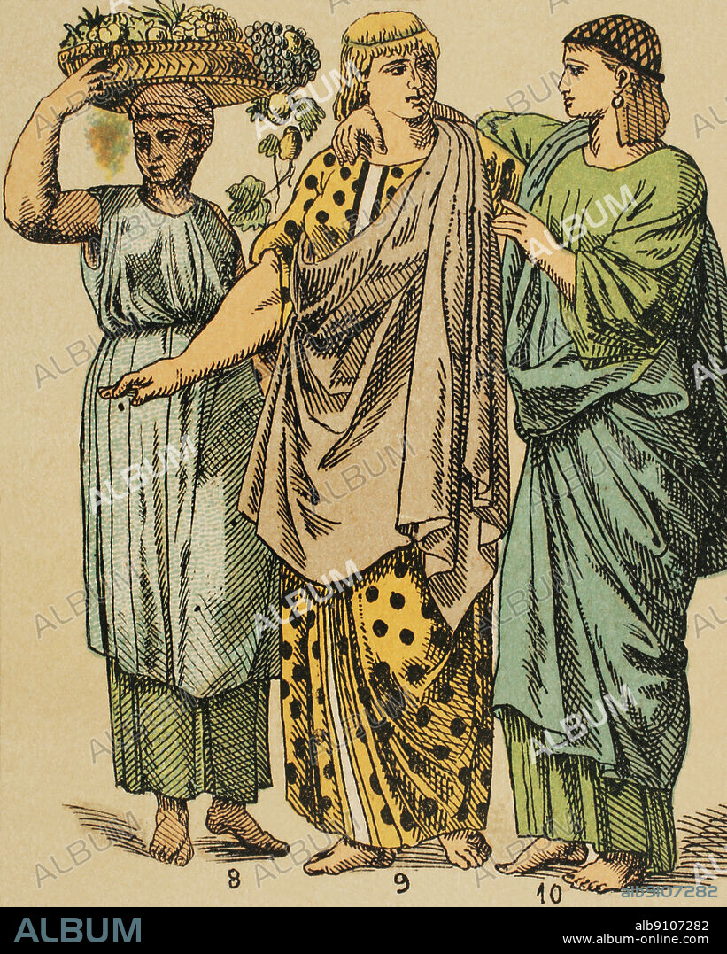Península Anatólica. Lidios, frigios y troyanos. Trajes de mujer. De izquierda a derecha; 8: mujer del pueblo, 9-10: mantón cuadrado. Cromolitografía. Historia Universal, por César Cantú. Tomo I, 1881.