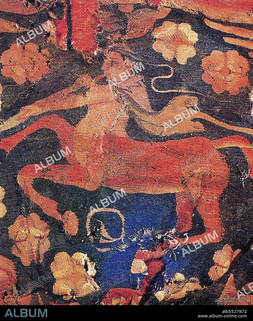 The Sampul tapestry is a woolen wall-hanging that was found in Sampul, near Khotan, in the Tarim Basin inside a 3rd-2nd century BCE mass grave. The tapestry depicts a soldier, probably Greek, and a Centaur. It is probably a Greek work from Central Asia (Greco-Bactria) and uses more than 24 threads of different colors in a typical western technique. The soldier wears a tunic with rosette motifs. His headband could be a diadem, the symbol of kingship in the Hellenistic world, as represented on Macedonian and other Greek coins. The presence of the Centaur as a motif, a typical element of Greek mythology, floral motifs, and the realistic rendering further reinforce the identification of the soldier as Greek. The tapestry was, curiously, fashioned into a pair of trousers, indicating that it may have been used as a decorative trophy. The existence of this tapestry tends to suggest that contacts between the Hellenistic kingdoms of Central Asia and the Tarim Basin, at the edge of the Chinese world occurred from around the 3rd century BCE.