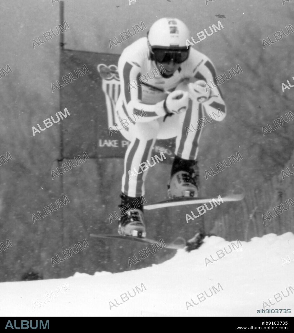 1980 Winter Olympics - Lake Placid, USA. Leonhard Stock (Austria) pictured in the Mens Alpine Downhill Skiing event on his way to win the gold medal.. 14 February 1980.