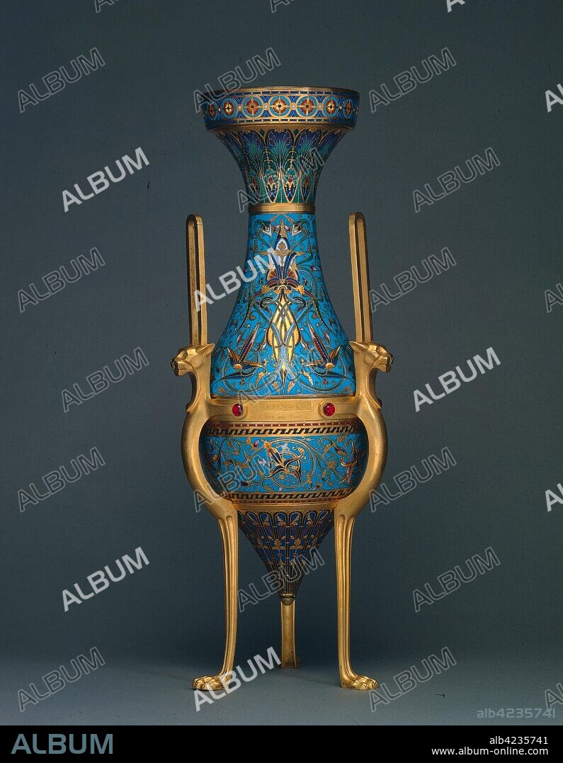 Vase, c. 1862. Firm of Ferdinand Barbedienne (French, 1810-1892), Louis-Constant Sévin (French, 1821-1888). Gilt bronze with enamel decoration; overall: 78.7 x 27.3 cm (31 x 10 3/4 in.).