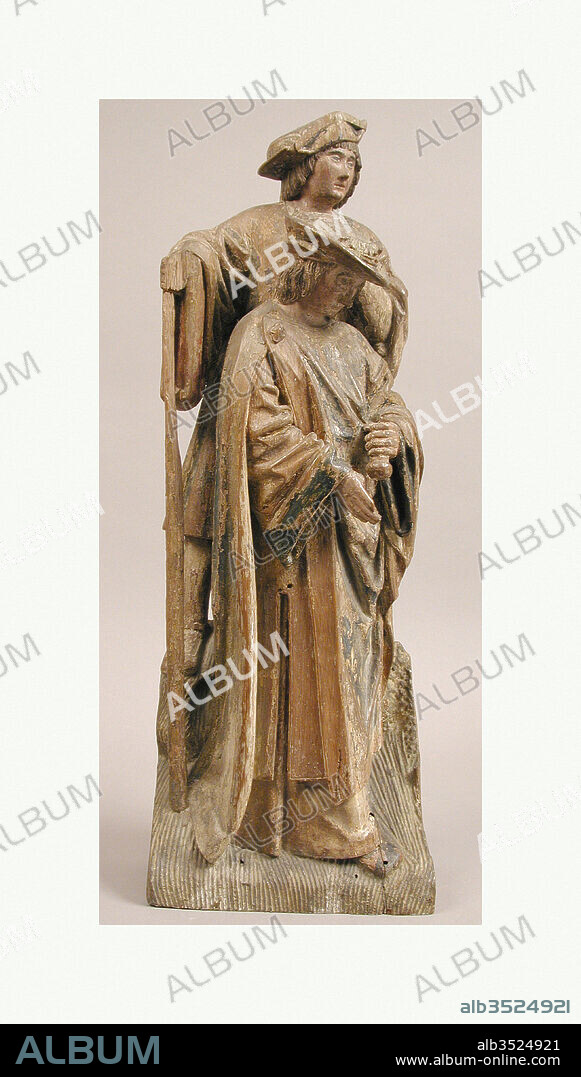 King Clothar II and an Attendant, ca. 1500–1525, French, Oak, painted, Overall: 21 1/2 x 7 5/8 x 5 in. (54.6 x 19.4 x 12.7 cm), Sculpture-Wood, This elegant late Gothic relief of Clothar II (d. 629), Merovingian king of the Franks, is part of a scene from a dismantled retable, still in the church of Recloses, in which he receives two gold saddles from the reknowned goldsmith Saint EIoi, or Eligius.