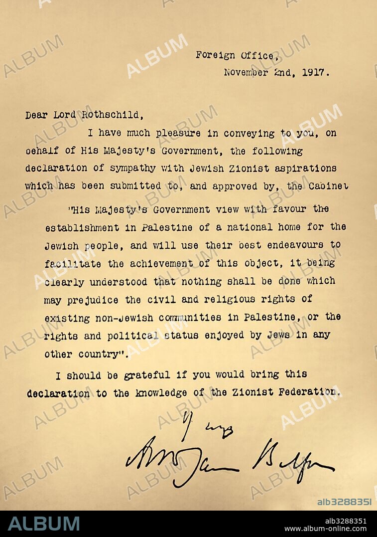 Letter from the Foreign Office to Lord Rothschild known as the 'The Balfour Declaration'. Dated 20th Century.