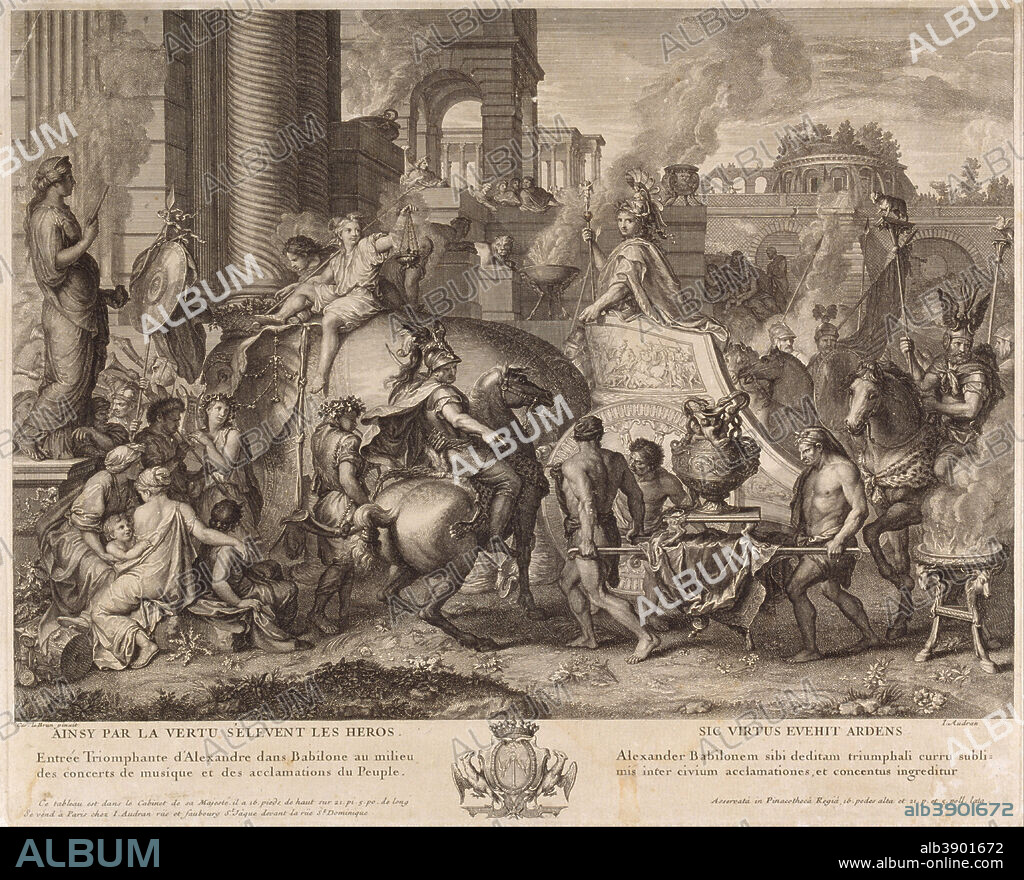 JEAN AUDRAN. Alexander the Great Enters Babylonia. Date/Period: From 1703 until 1708. Engraving. Etching and burin on paper. Height: 285 mm (11.22 in); Width: 355 mm (13.97 in).