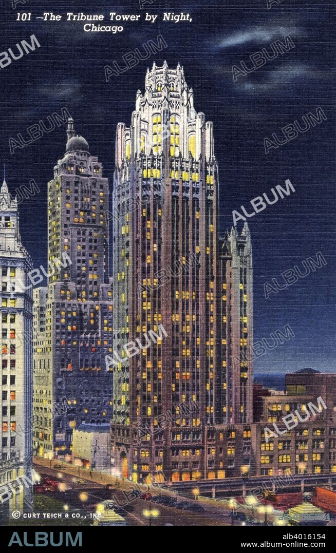 The Tribune Tower by night, Chicago, Illinois, USA, 1941. Postcard showing the Tribune Tower lit up at night. The Wrigley Building and the Medinah Athletic Club are also visible. In 1922 the Chicago Tribune newspaper held  an international competition to design its new headquarters. The winning entry, chosen from 260 submitted, was a Gothic style skyscraper designed by two New York architects, John Mead Howells and Raymond Hood. The building was completed in 1925.