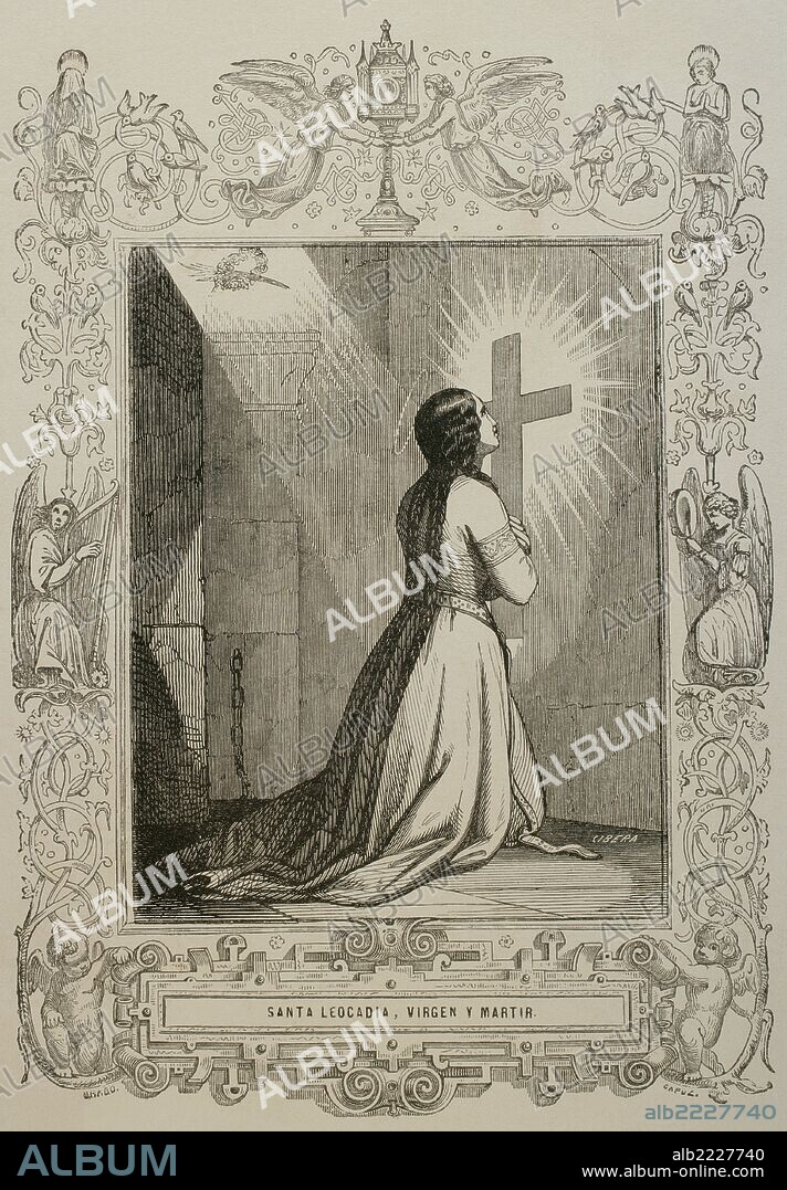 SANTA LEOCADIA. Virgen y mártir cristiana de la Hispania romana. Murió en el año 303. Grabado de Cibera. "Año Cristiano", 1853.