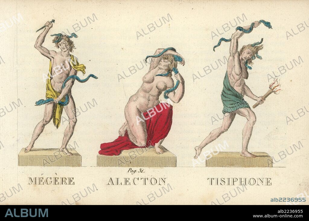 Megaera, Alecto and Tisiphone, the Greek Enrinyes or Roman Furies. Handcoloured copperplate engraving engraved by Jacques Louis Constant Lacerf after illustrations by Leonard Defraine from "La Mythologie en Estampes" (Mythology in Prints, or Figures of Fabled Gods), Chez P. Blanchard, Paris, c.1820.
