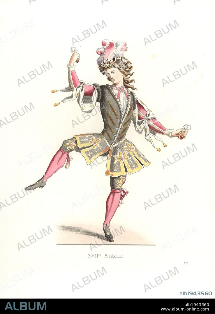 French man in ballet costume, 17th century, from a ballet danced by King Louis XIV in Aix in 1660. Handcolored illustration by E. Lechevallier-Chevignard, lithographed by A. Didier, L. Flameng, F. Laguillermie, from Georges Duplessis's "Costumes historiques des XVIe, XVIIe et XVIIIe siecles" (Historical costumes of the 16th, 17th and 18th centuries), Paris 1867. The book was a continuation of the series on the costumes of the 12th to 15th centuries published by Camille Bonnard and Paul Mercuri from 1830. Georges Duplessis (1834-1899) was curator of the Prints department at the Bibliotheque nationale. Edmond Lechevallier-Chevignard (1825-1902) was an artist, book illustrator, and interior designer for many public buildings and churches. He was named professor at the National School of Decorative Arts in 1874.