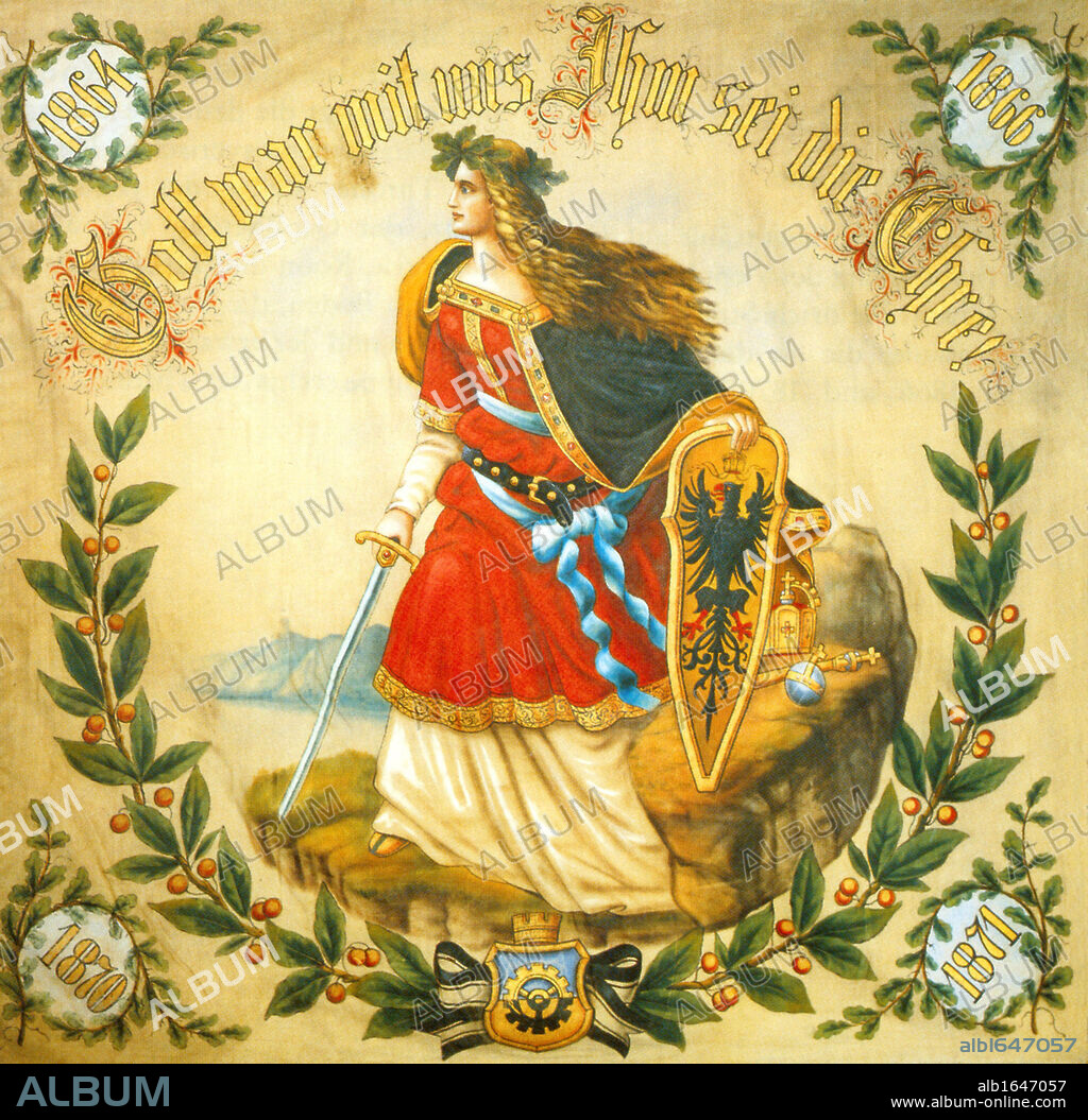 Banner with the image of Germania, symbol of a united Germany, c1918. The banner carries the four crucial dates of German Unification.