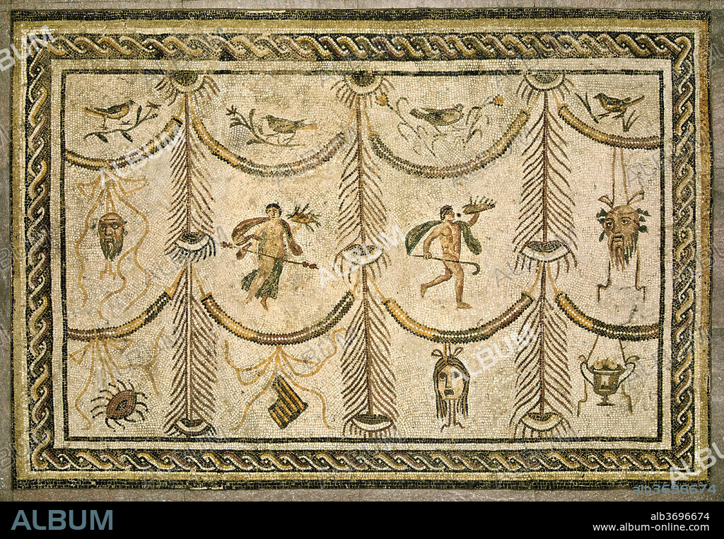 ROMAN 3RD CENTURY. Symbols of Bacchus as God of Wine and the Theater. Dated: c. 200/225 A.D.. Dimensions: overall: 178.4 x 254.7 cm (70 1/4 x 100 1/4 in.). Medium: mosaic, marble, and glass.