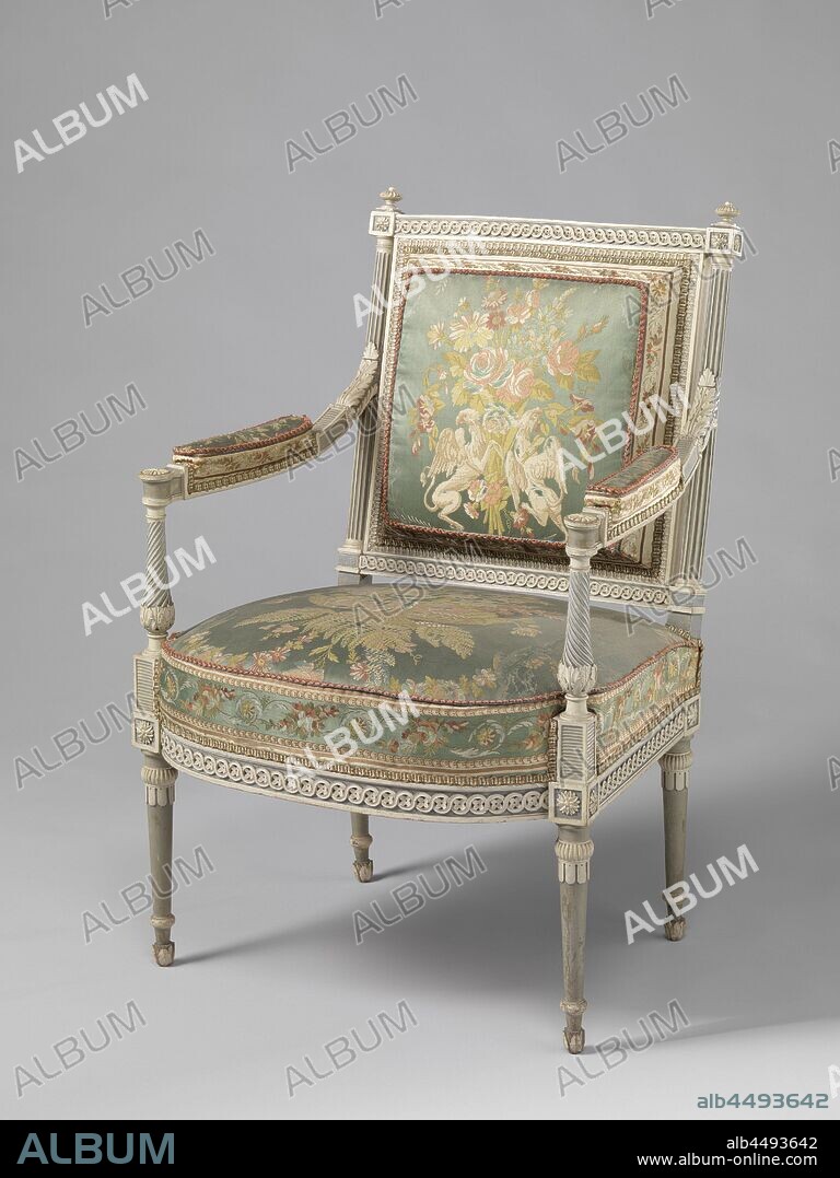 Armchair Kops-Ameublement, Armchair from the Kops-Ameublement, painted white and blue-gray beech wood. The seat lines and sills of the back window show a woven braided band with rosettes. Vase-shaped struts with slung cannelures support the armrests with cushions, which overflow with an acanthus leaf in the Tuscan columns of the back window. The upholstery shows floral motifs on pale blue satin ground, held back by griffins. Ordered for the Nieuwe Gracht 74 building, Haarlem. See: bk-15614, 15615-a / p, 15616-a / b, flowers ornament, griffin (lion / eagle), 'Griffo' (Ripa), Willem Philip Kops (1755-1805), anonymous, c. 1793 - c. 1795, wood (plant material), beech (wood), silk, paint (coating), h 97 cm × w 66 cm × d 65 cm h 47 cm × w 54.5 cm × d 47 cm.
