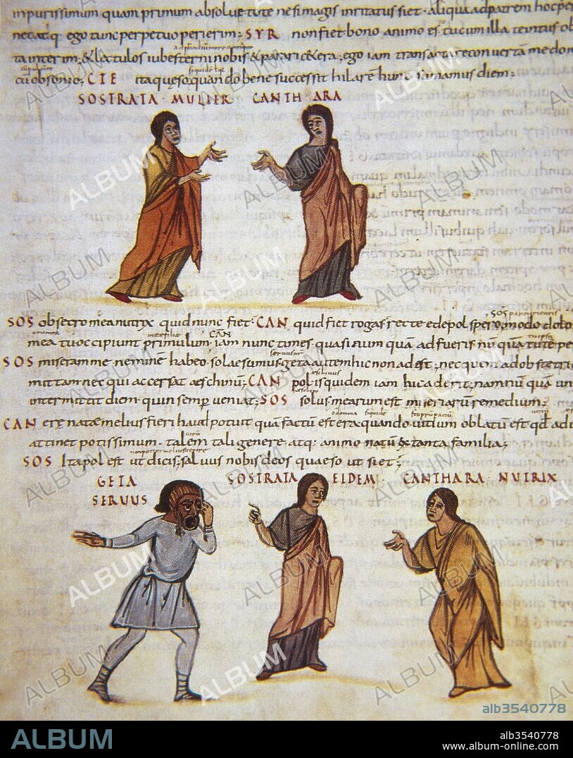 "Terencio Vaticano", siglo IX. Obra escrita en letra minúscula carolingia, unos años después de la muerte del emperador Carlomagno. Se ilustra con escenas de actores interpretando comedias de Terencio, basadas en los antiguos modelos de época romana. Folio 55 recto en el que se representan actores clásicos con máscaras gesticulando durante una actuación. Biblioteca Vaticana.