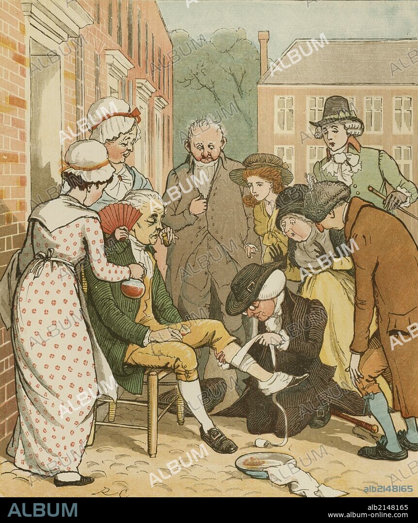 An Elegy on the Death of a Mad Dog'' by Oliver Goldsmith. Neighbours dressing the good man of Islington's bite.. Illustration by Randolph Caldecott (Photo by: Universal History Archive/UIG via Getty Images).