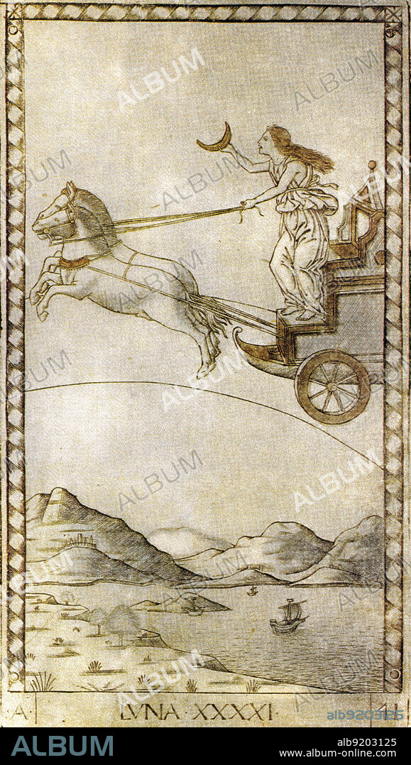 Tarot card image of Luna (the moon) from the Mantegna deck. The images shows the moon goddess driving her chariot across the skies, holding the crescent of the moon in her hand. In ancient Roman religion and myth, Luna is the divine embodiment of the Moon (Latin luna; cf. English "lunar"). She is often presented as the female complement of the Sun (Sol) conceived of as a god. Luna is also sometimes represented as an aspect of the Roman triple goddess (diva triformis ), along with Proserpina and Hecate. Luna is not always a distinct goddess, but sometimes rather an epithet that specializes a goddess, since both Diana and Juno are identified as moon goddesses. In Roman art, Luna's attributes are the crescent moon plus the two-yoke chariot (biga ). Luna's Greek counterpart was Selene. In Roman art and literature, myths of Selene are adapted under the name of Luna.