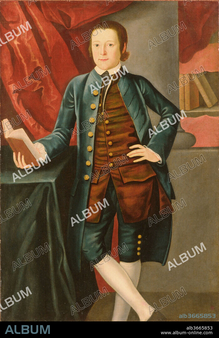 Boy of the Crossfield Family (Possibly Richard Crossfield). Artist: John Durand (active 1765-82). Dimensions: 50 1/4 x 34 1/2 in. (127.6 x 87.6 cm). Date: ca. 1766-68.
John Durand completed a series of children's portraits in New York in 1766. The identification of the young sitter rests on a long tradition in the Crossfield family. The open book in the boy's hand and the volumes on the shelf behind him are surely meant to affirm the importance of liberal education in colonial times. The massive column rising in the background heightens the elegance of the youthful figure, and the flashing light on the drapery and the table cover draws attention to the opulence of the setting.