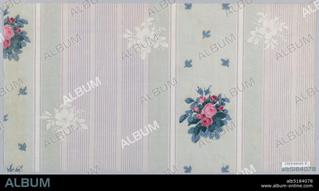Textile, Schwartz-Huguenin, Medium: cotton Technique: printed by engraved roller on plain weave, A) Molette ground in broad grey stripe and grouped pink stripes; over-printed with small rose clusters., B) Same design as A with grouped tan stripes., 185163, printed, dyed & painted textiles, Textile.