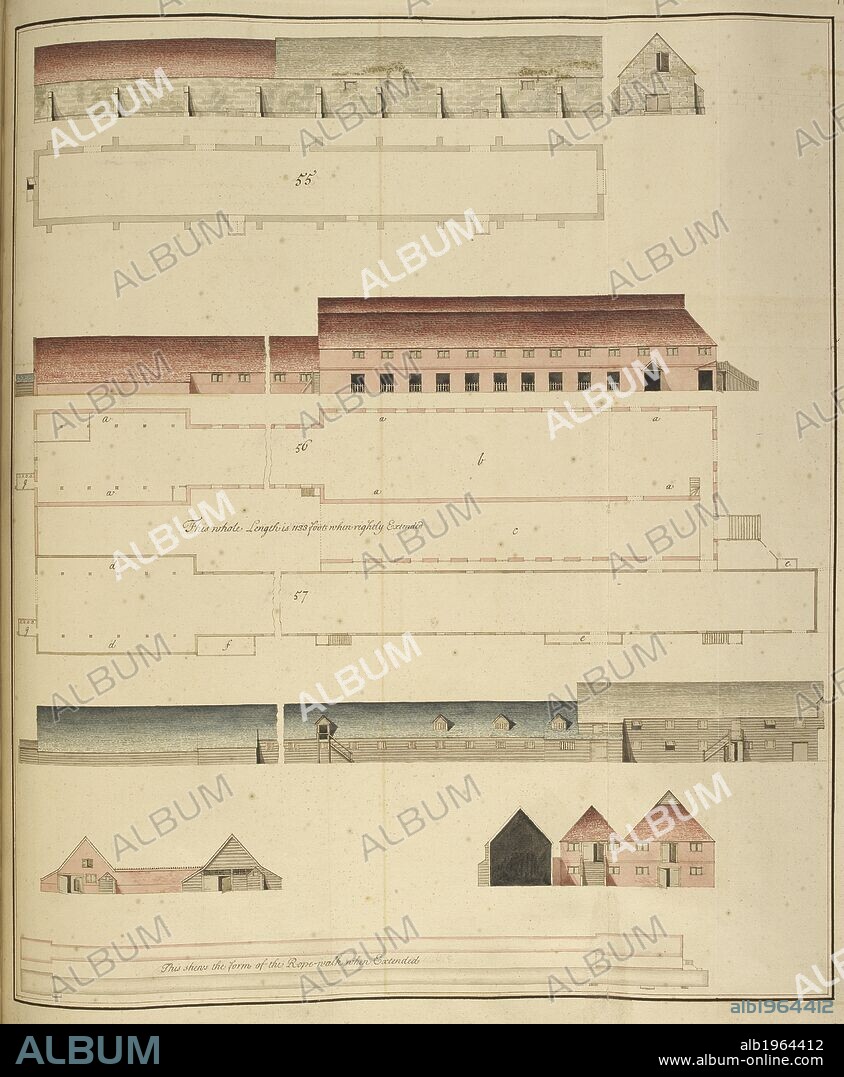 Front elevation and floor plan of royal navy building at Portsmouth naval dockyard. South coast. . A SURVEY and Description of the principal Harbours with their accomodations and conveniences... A SURVEY and Description of the principal Harbours with their accomodations and conveniences for erecting, moaring, secureing and refitting the Navy Royall of England ... illustrated by generall plans and proper views or prospects of each place. . . with an account of the emprovements which have been made at each yard since the Revolution 1688', drawn up in 1698. The views are neatly drawn, and many of the plans are on a large scale. Source: Kings 43 118. Language: English.
