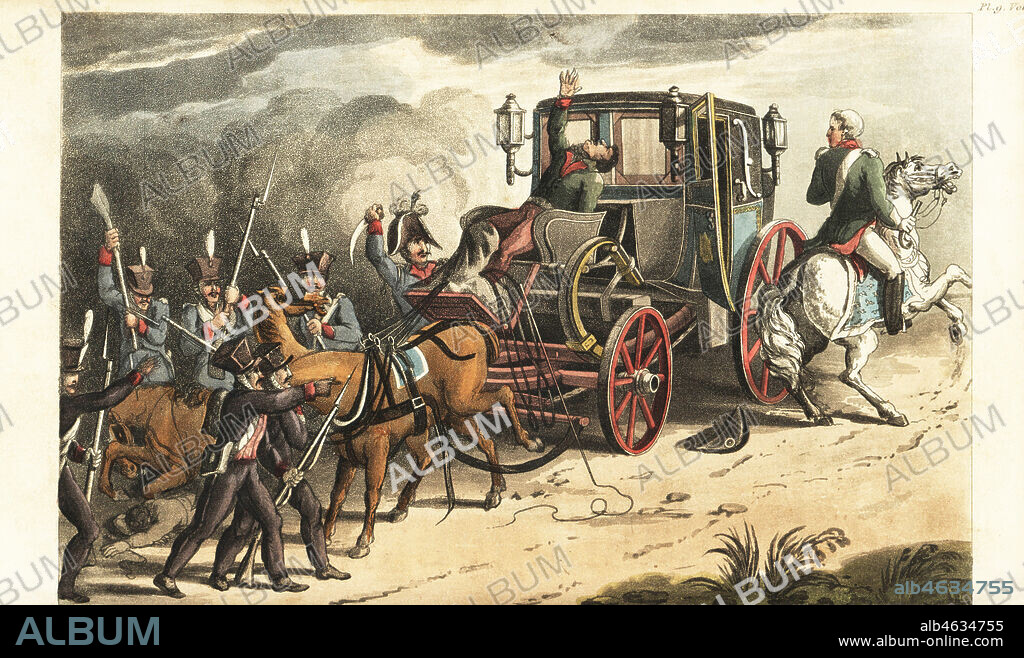 Prussian soldiers capturing Napoleons coach after the Battle of Waterloo. The soldiers shot the driver and coachman, and the Major von Keller claimed the coach as booty. Handcoloured copperplate engraving from Rudolph Ackermanns Repository of Arts, London, 1816.