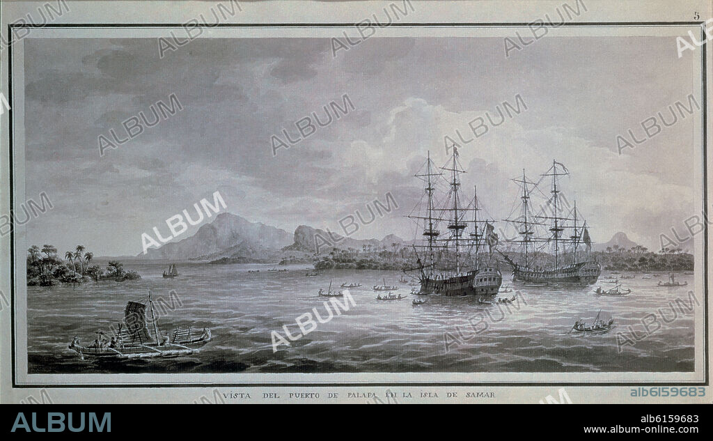 FERNANDO BRAMBILA. PUERTO DE PALAPA EN LA ISLA DE SAMAR - FILIPINAS - SIGLO XVIII - PLUMA Y AGUADA DE TINTA CHINA - EXPEDICION MALASPINA.