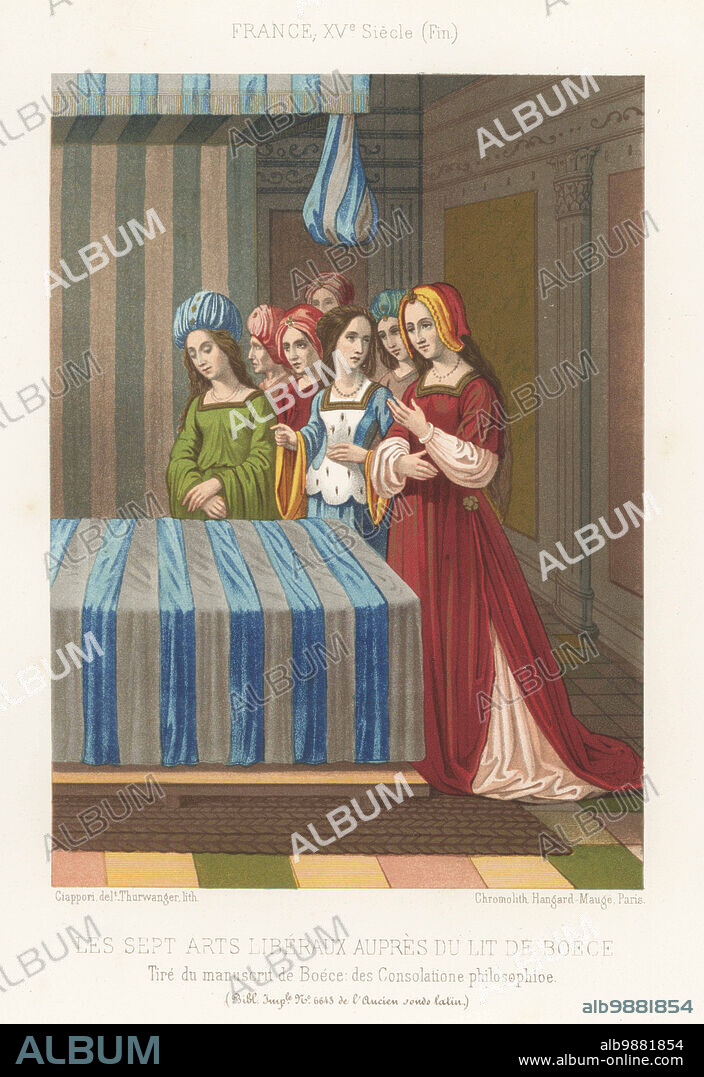 Philosophy presenting the seven liberal arts to Boethius in his bedroom. Figures of Grammar, Rhetoric, Logic, Music, Geometry, Arithmetic, and Astronomy. France, end of the 15th century. Taken from a manuscript Boethius, De Consolatione Philosophiae, MS 6643, Ancien Fonds Latin, Bibliotheque Imperiale. Les septs arts liberaux aupres du lit de Boece. Chromolithograph by Thurwanger after an illustration by Claudius Joseph Ciappori from Charles Louandres Les Arts Somptuaires, The Sumptuary Arts, Hangard-Mauge, Paris, 1858.