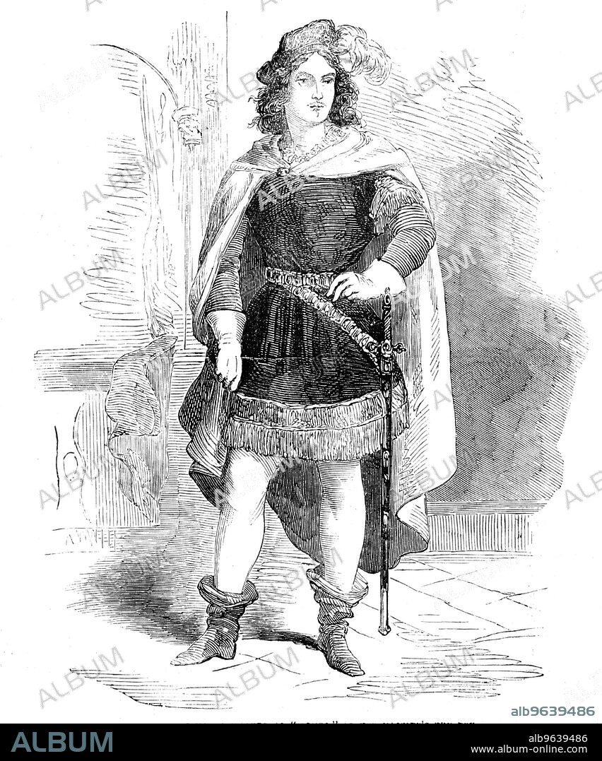 Mademoiselle Johanna Wagner as "Romeo", at Her Majesty's Theatre, 1856. German opera singer in London stage production. 'For the splendid triumph achieved by her on this occasion Mdlle. Wagner was not indebted to the merits of the opera, which is among the weakest of the many weak productions of the modern Italian stage. It is one of Bellini's earliest pieces, composed while his powers were yet immature...She is a beauty of the genuine Saxon type, with blue eyes...and a profusion of fair hair. She is above the ordinary female stature, exquisitely formed, and free and graceful in every movement. When she appeared in the chivalrous attire of the youthful Romeo, a burst of admiration shook the house...When, at length, her voice was heard, its rich, deep contralto tones, in a piece of spoken recitative, completed the spell wrought by her aspect'. From "Illustrated London News", 1856.